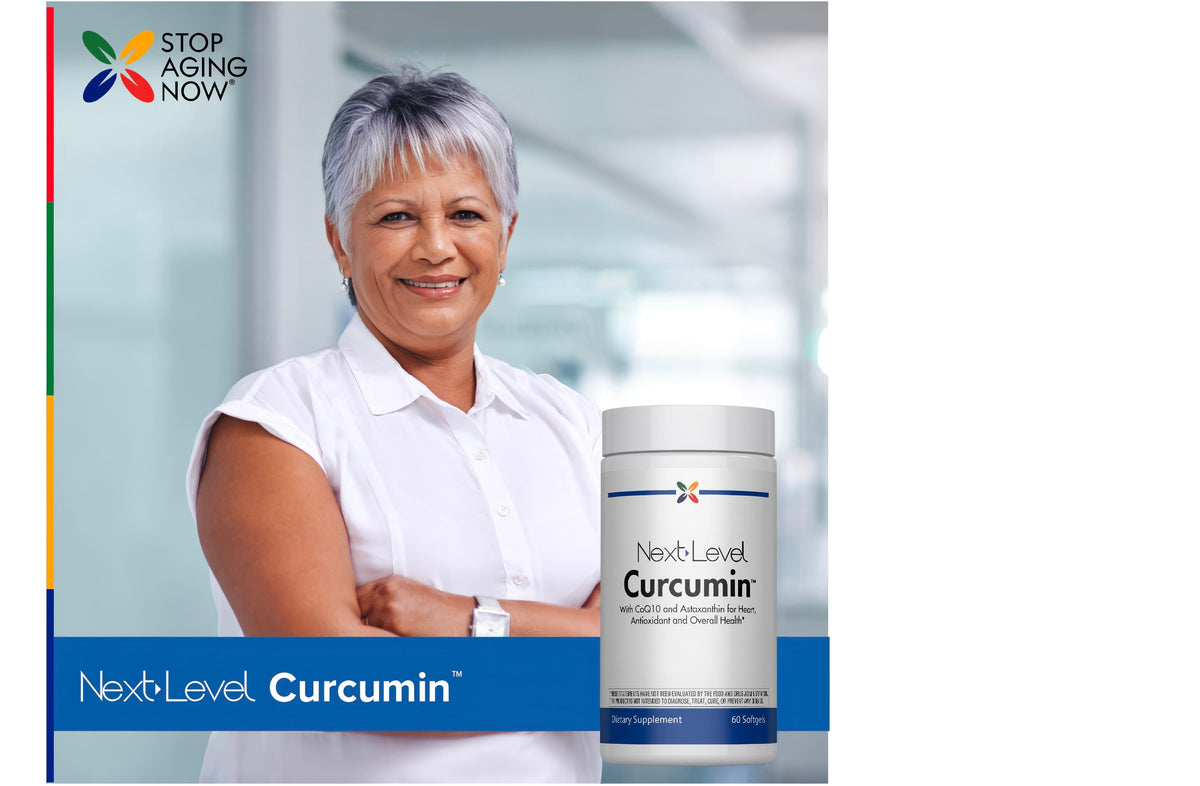 Adult smiling with arms crossed beside Next Level Curcumin supplement bottle, with graphic stating STOP AGING NOW and Next Level Curcumin