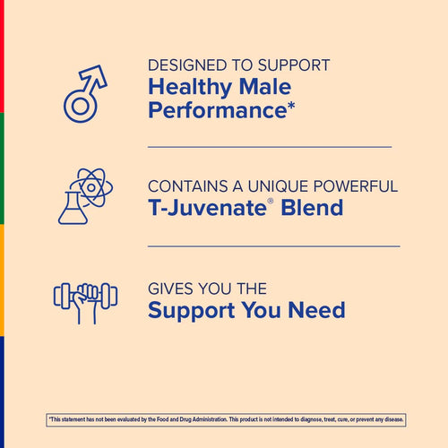 View 5 Product label for 'T-Juvenile Blend' designed to support healthy male performance on a beige background.