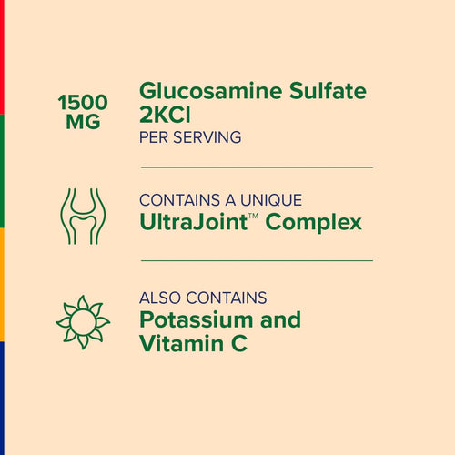 View 5 Product label for Glucosamine Sulfate 2KCI supplement with text and icons on a beige background.