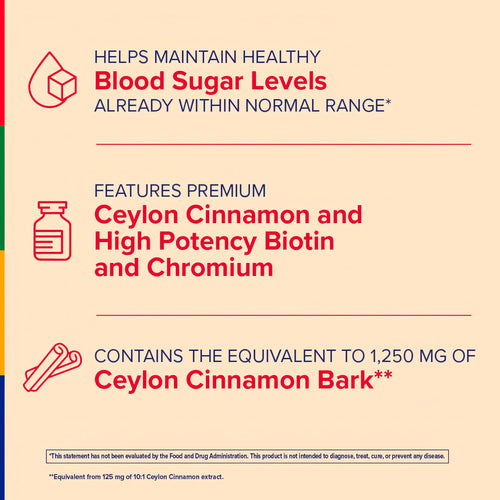 View 5 Product highlights graphic stating Helps Maintain Healthy Blood Sugar Levels Already Within Normal Range*, Features Premium Ceylon Cinnamon and High Potency Biotin and Chromium, Contains the Equivalent to 1,250 mg of Ceylon Cinnamon Bark