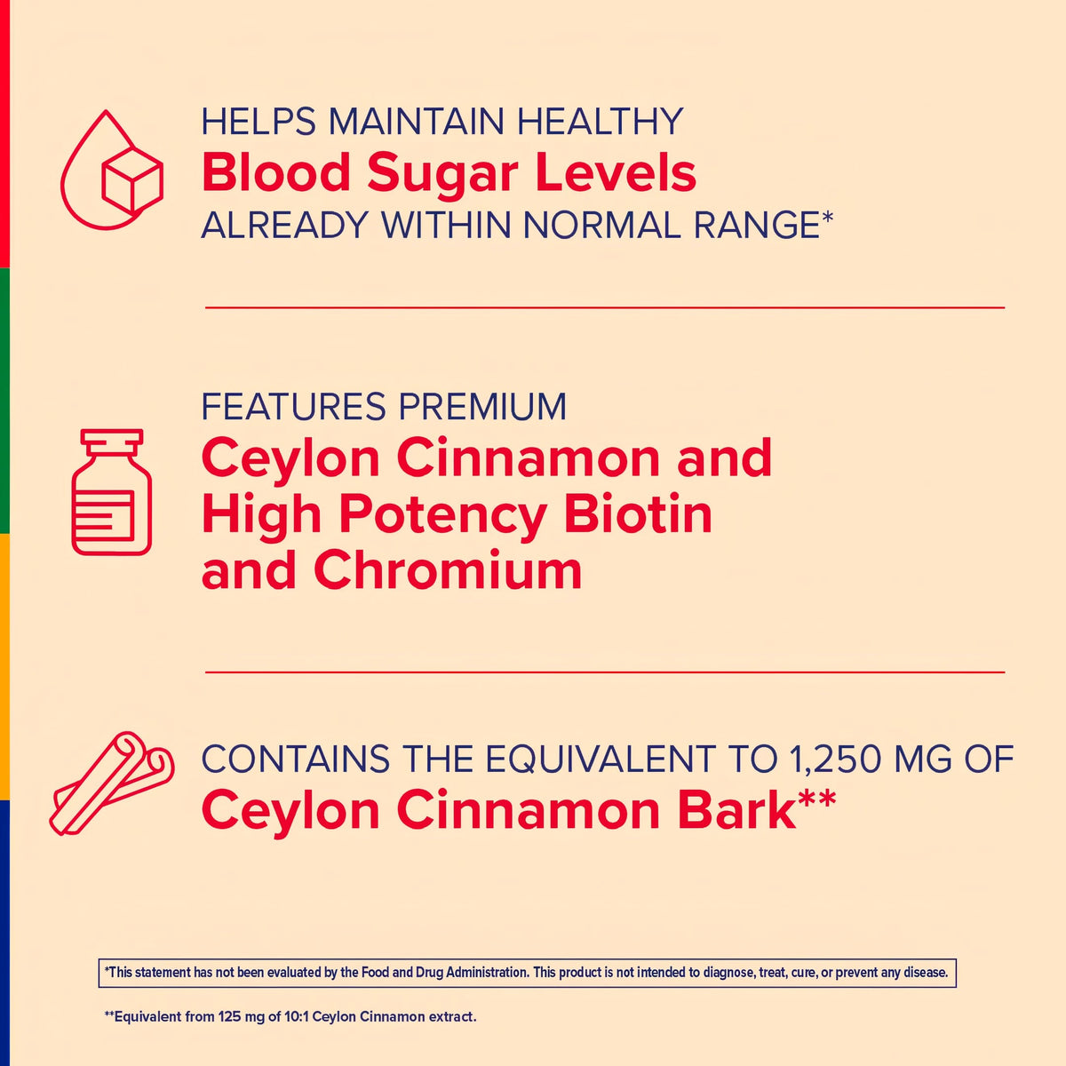Product highlights graphic stating Helps Maintain Healthy Blood Sugar Levels Already Within Normal Range*, Features Premium Ceylon Cinnamon and High Potency Biotin and Chromium, Contains the Equivalent to 1,250 mg of Ceylon Cinnamon Bark