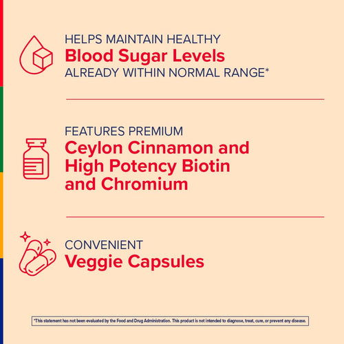 View 5 Product highlights graphic stating Supports healthy blood sugar (already normal)*, Features Ceylon Cinnamon, Biotin & Chromium, Convenient Veggie Capsules