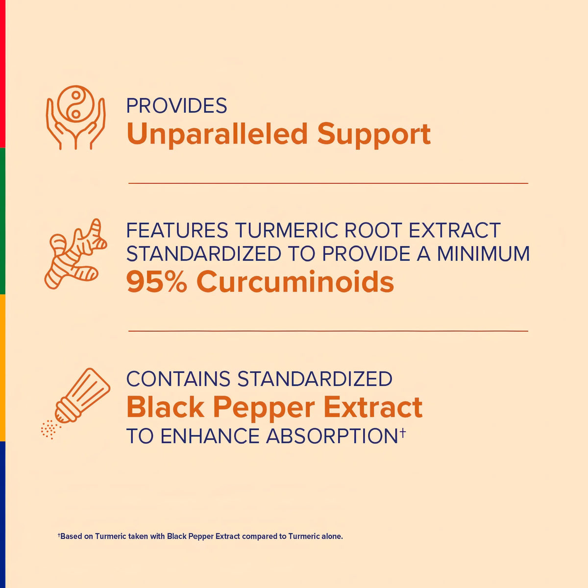 Product highlights graphic stating Unparalleled Support, Turmeric Root Extract with 95% Curcuminoids, Black Pepper Extract for enhanced absorption