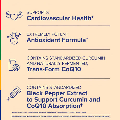 View 4 Product highlights graphic stating Cardio Health*, Antioxidant*, Std Curcumin, Fermented Trans-Form CoQ10, Std Black Pepper for Curcumin/CoQ10 Absorp.†
