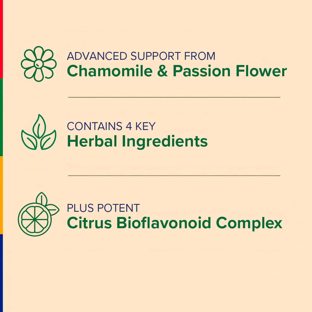 Product highlights graphic stating Advanced Support: Chamomile & Passion Flower*, 4 Key Herbal Ingredients, Potent Citrus Bioflavonoid Complex