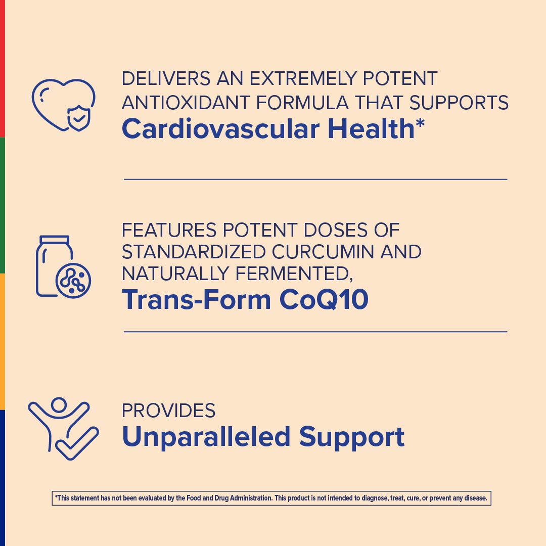 Product highlights graphic stating Supports Cardiovascular Health*, Features standardized Curcumin & Trans-Form CoQ10, Unparalleled Support