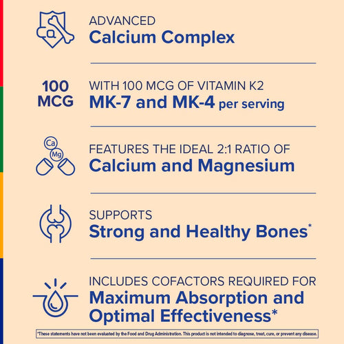 View 5 Product highlights graphic stating Advanced Calcium Complex, 100 mcg Vit K2 (MK-7 & MK-4), Ideal 2:1 Calcium & Magnesium, Supports Strong & Healthy Bones*, Cofactors for Maximum Absorption & Optimal Effectiveness*