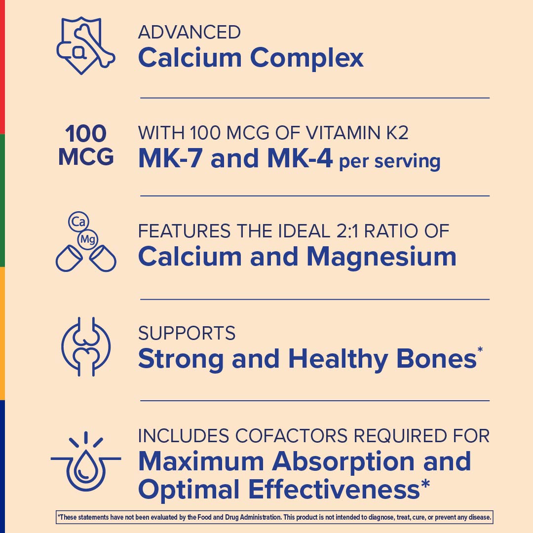Product highlights graphic stating Advanced Calcium Complex, 100 mcg Vit K2 (MK-7 & MK-4), Ideal 2:1 Calcium & Magnesium, Supports Strong & Healthy Bones*, Cofactors for Maximum Absorption & Optimal Effectiveness*