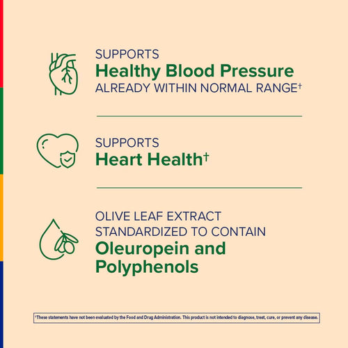 View 4 Product label with text about olive leaf extract benefits on a beige background