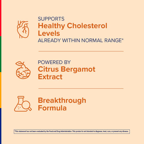 View 4 Product label for a supplement or health product with text about healthy cholesterol levels and citrus bergamot extract.