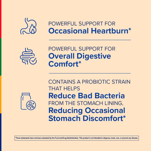 View 4 Product highlights graphic stating Occasional Heartburn*, Overall Digestive Comfort*, Probiotic reduces bad bacteria, eases stomach discomfort*