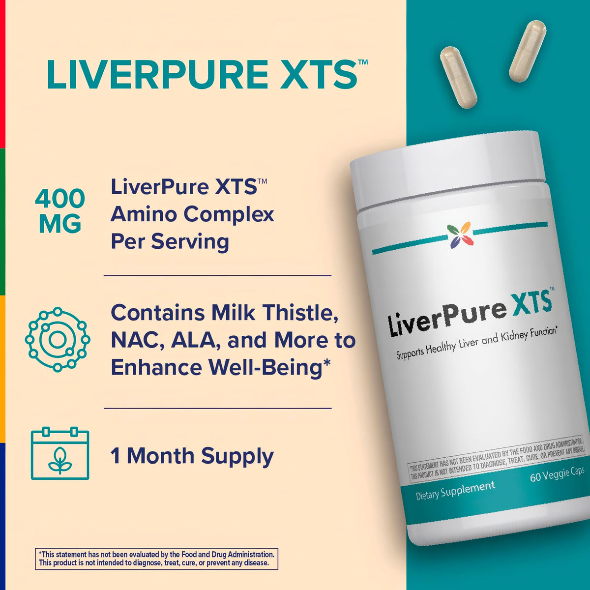 LiverPure XTS 60 Veggie Caps with 400 MG Amino Complex, Milk Thistle, NAC, ALA. Supports liver and kidney function.
