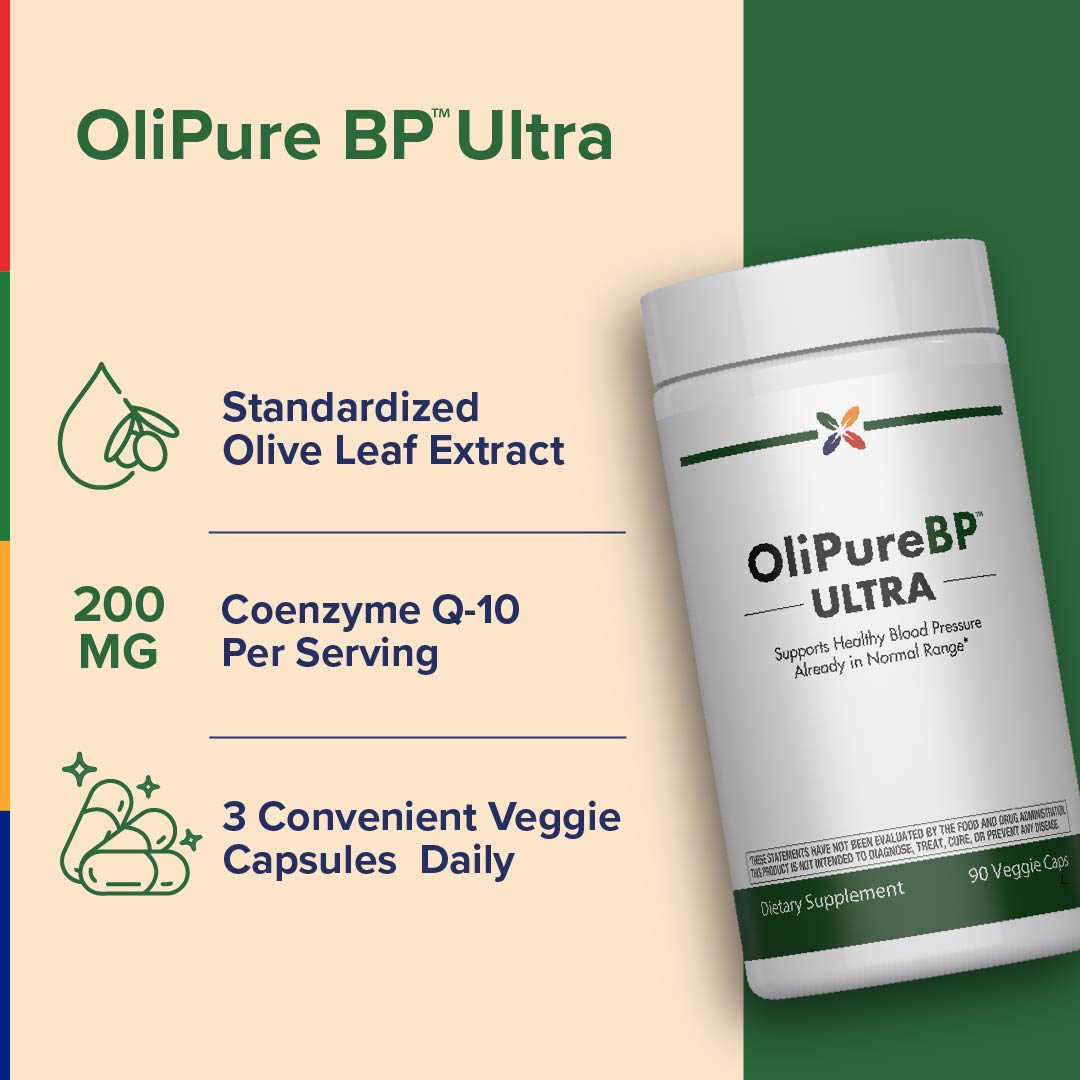 Product highlights graphic stating Standardized Olive Leaf Extract, 200 MG Coenzyme Q-10 per serving, 3 convenient veggie capsules daily.