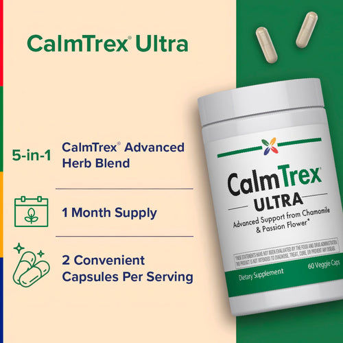 View 3 CalmTrex Ultra dietary supplement: bottle of 60 capsules with two loose capsules shown.