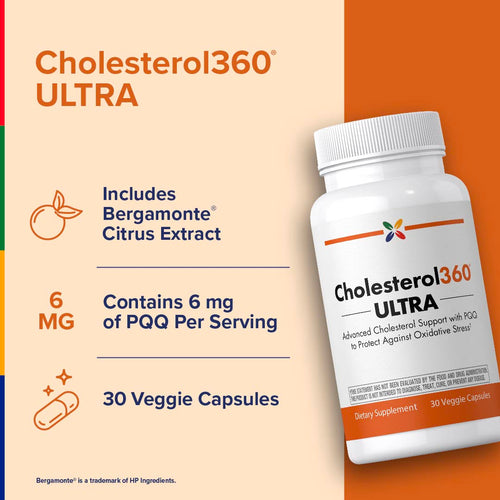 View 3 Cholesterol360 ULTRA with PQQ bottle containing 30 veggie capsules.