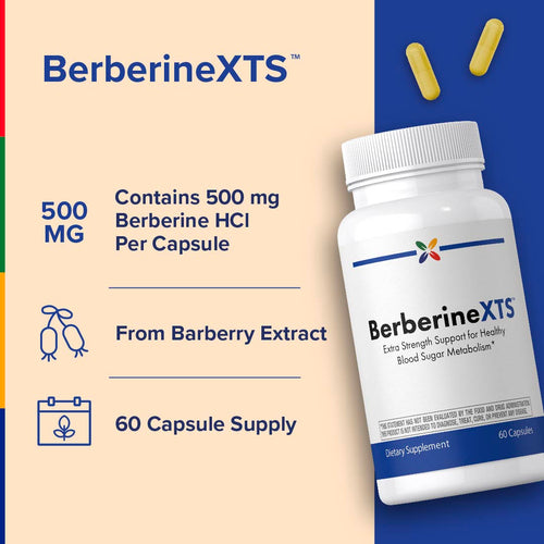 View 4 BerberineXTS supplement bottle with product details on a colorful background