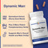 Dynamic Man Virility Formula 30 Veggie Capsules bottle with two loose capsules and 250 MG Epimedium Extract visible.