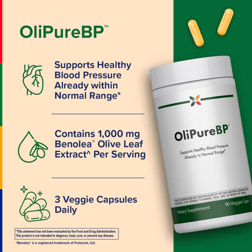 View 3 OliPureBP Blood Pressure Support, 90 vegetarian capsules, offers natural support for maintaining healthy blood pressure levels.