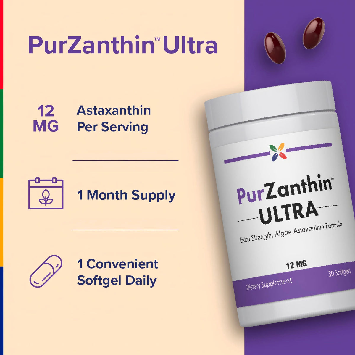 PurZanthin Ultra Astaxanthin 12 MG 30 Softgels. Extra Strength, Algae Astaxanthin Formula Dietary Supplement.