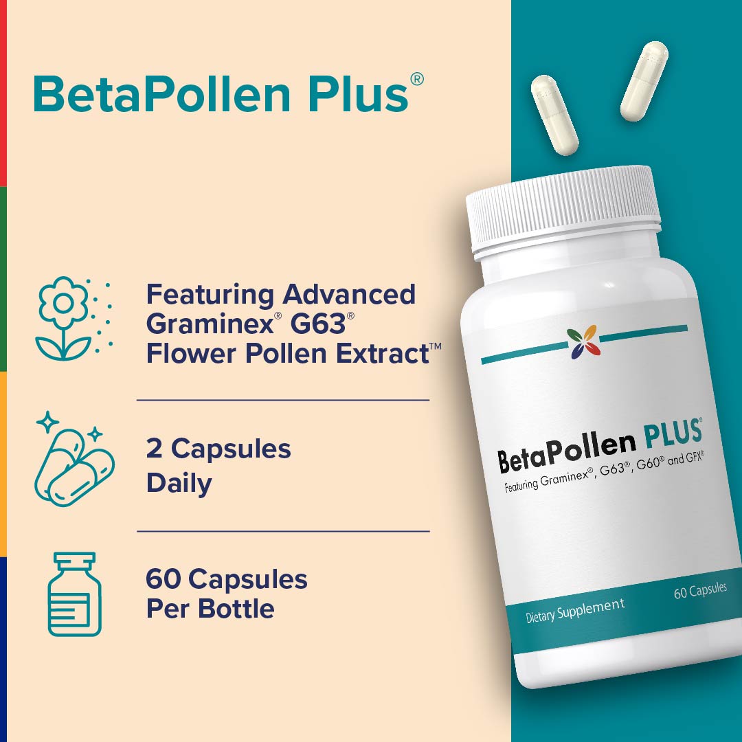 BetaPollen Plus Dietary Supplement with Graminex, G63, G60, and GFX, 60 capsules shown.