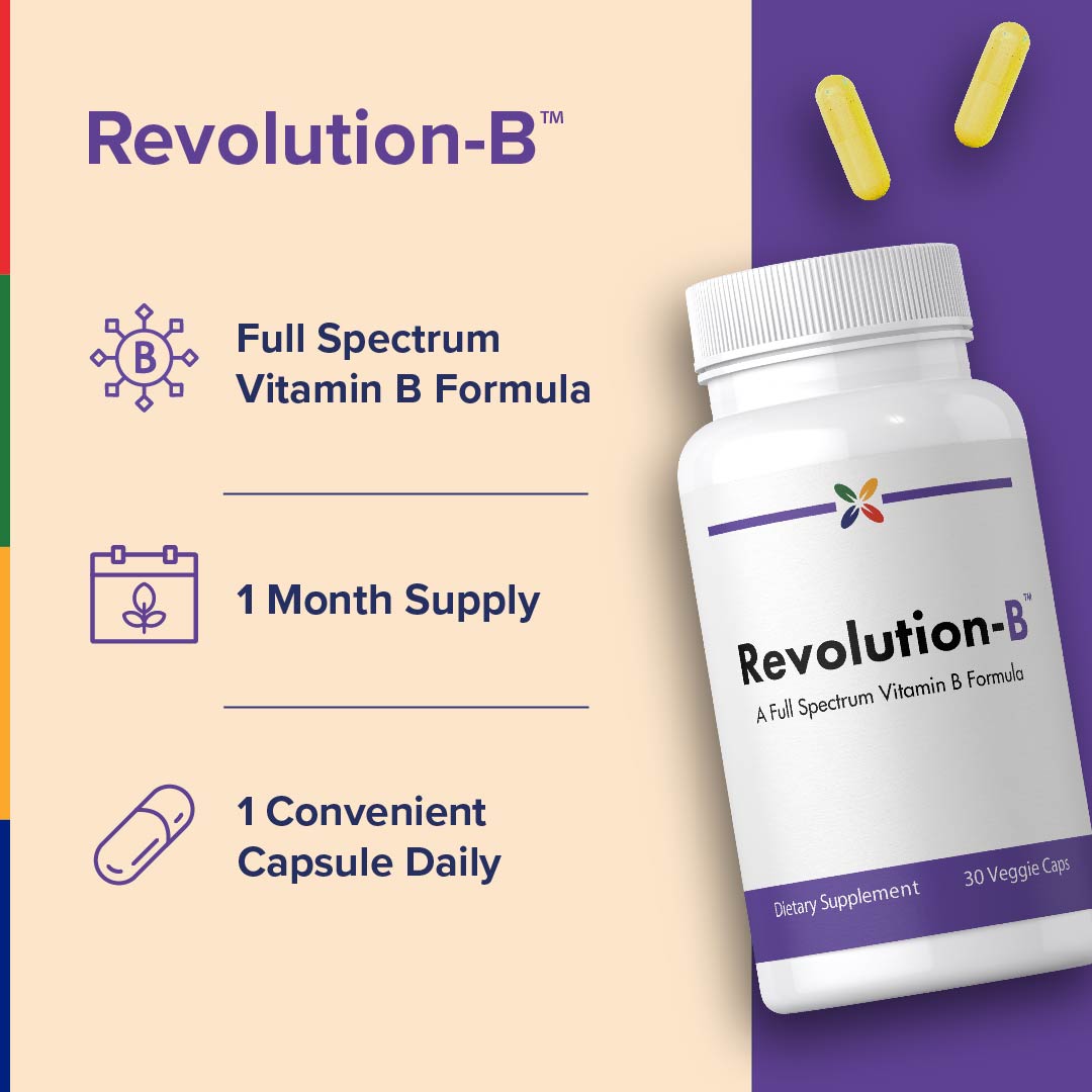 Revolution-B, a full spectrum Vitamin B formula, 30 veggie caps, 1 month supply, 1 convenient capsule daily.
