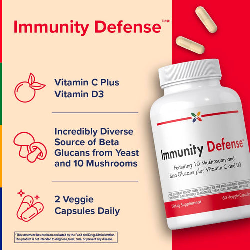 View 3 Immunity Defense supplement bottle with product details on a colorful background
