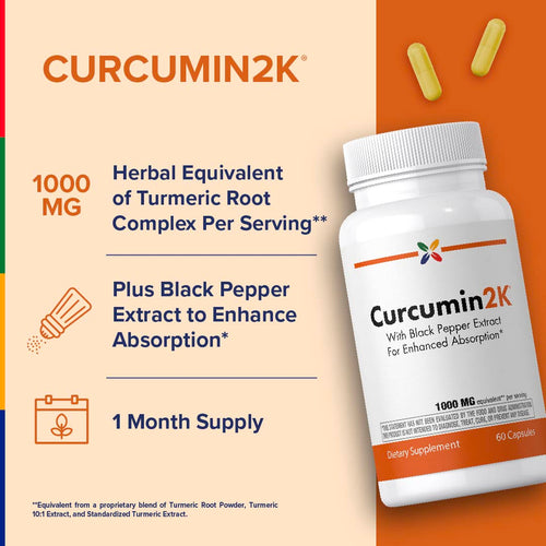 View 4 Curcumin2K with black pepper extract for enhanced absorption, 1000 MG equivalent, 60 capsules. Two yellow capsules shown.