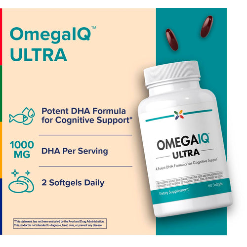 View 3 OmegaIQ ULTRA Fish Oil with DHA, a potent DHA formula for cognitive support, comes in 60 softgels.
