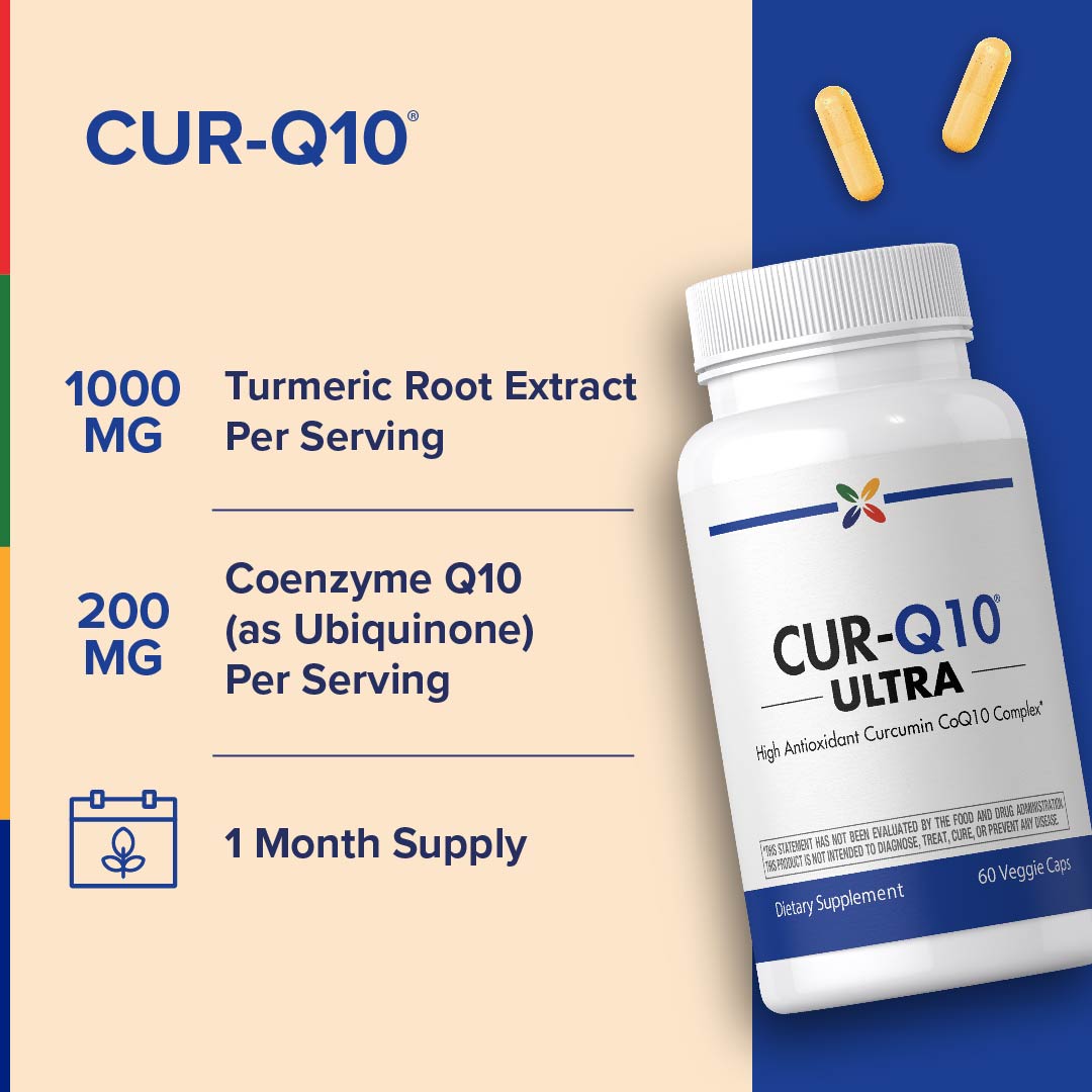 CUR-Q10 ULTRA Complex with 60 Veggie Caps, featuring 1000 MG Turmeric Root Extract and 200 MG Coenzyme Q10 per serving.
