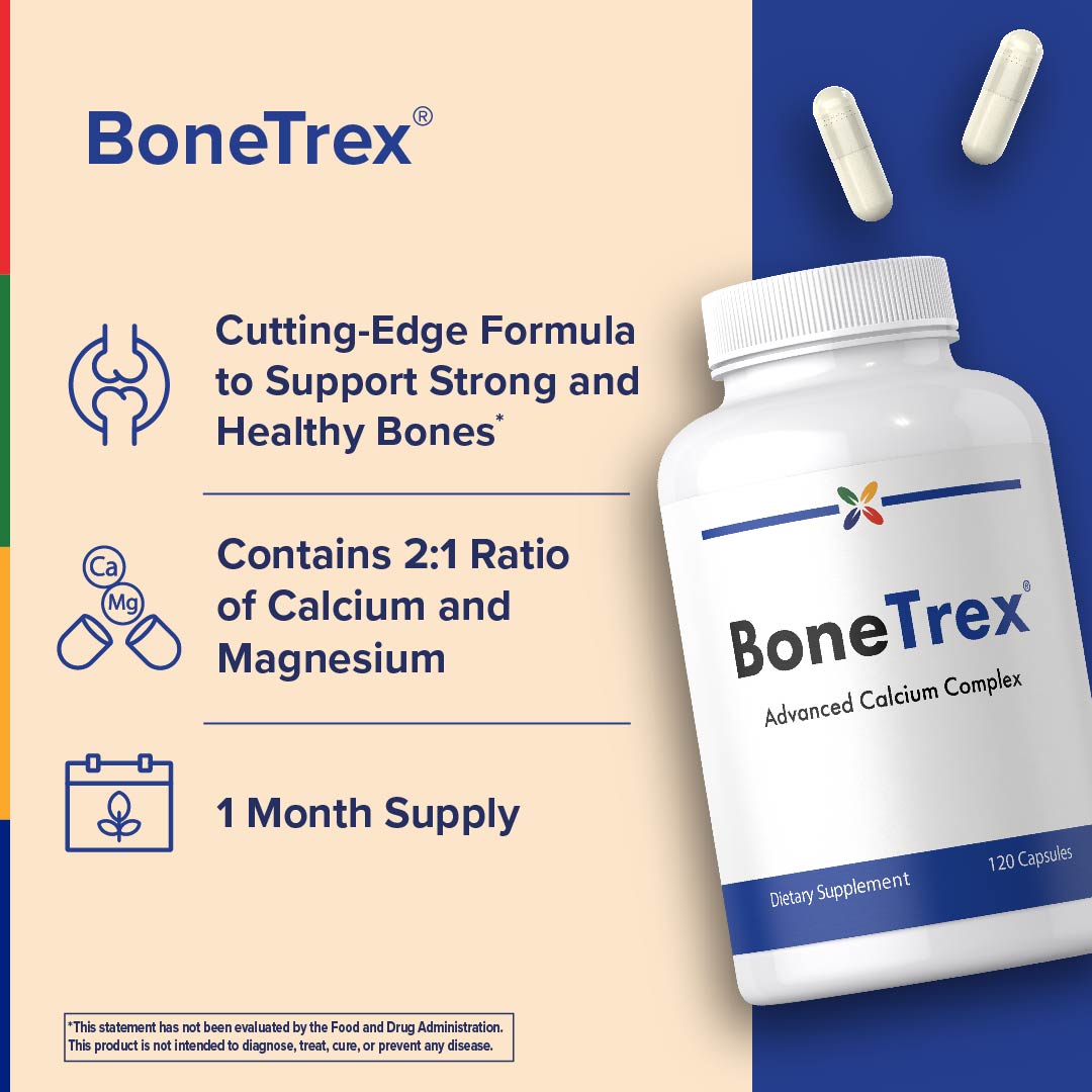 BoneTrex Advanced Calcium Complex bottle with 120 capsules and two capsules displayed.