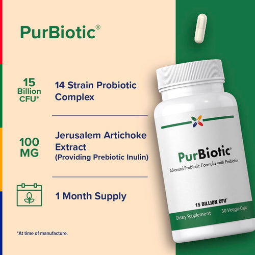 View 4 PurBiotic is a 14 Strain Probiotic Complex with 15 Billion CFU and 100 MG Jerusalem Artichoke Extract, in 30 Veggie Caps.