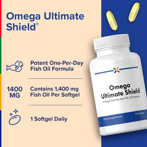 View 3 Omega Ultimate Shield 30 Softgels bottle, a potent fish oil formula with 1,400 mg fish oil per softgel, taken once daily.