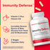 Bottle of Immunity Defense 60 Veggie Capsules, featuring 10 mushrooms, beta glucans, vitamins C and D3, with two capsules.