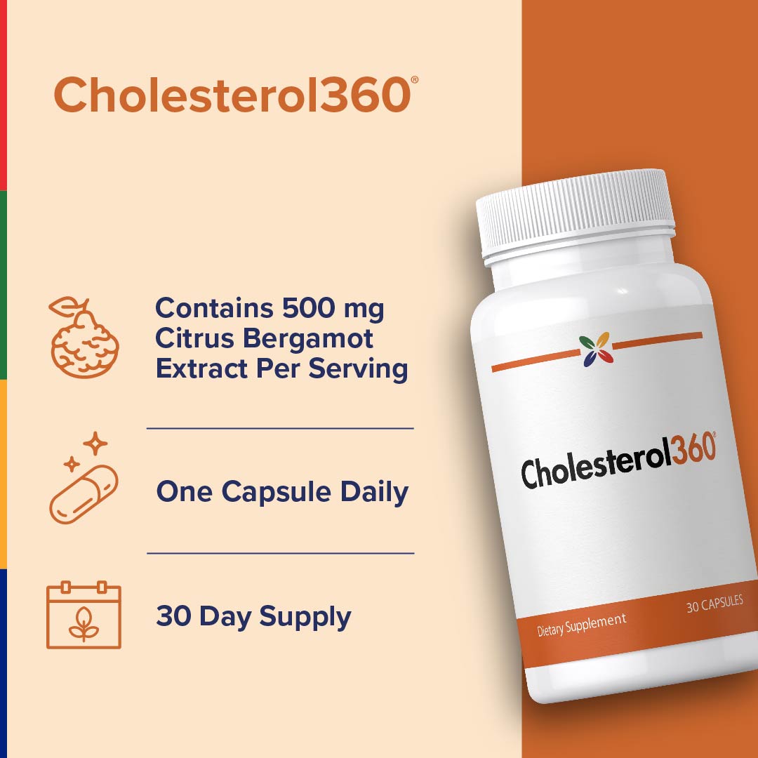 Cholesterol360 Dietary Supplement bottle with 30 capsules.