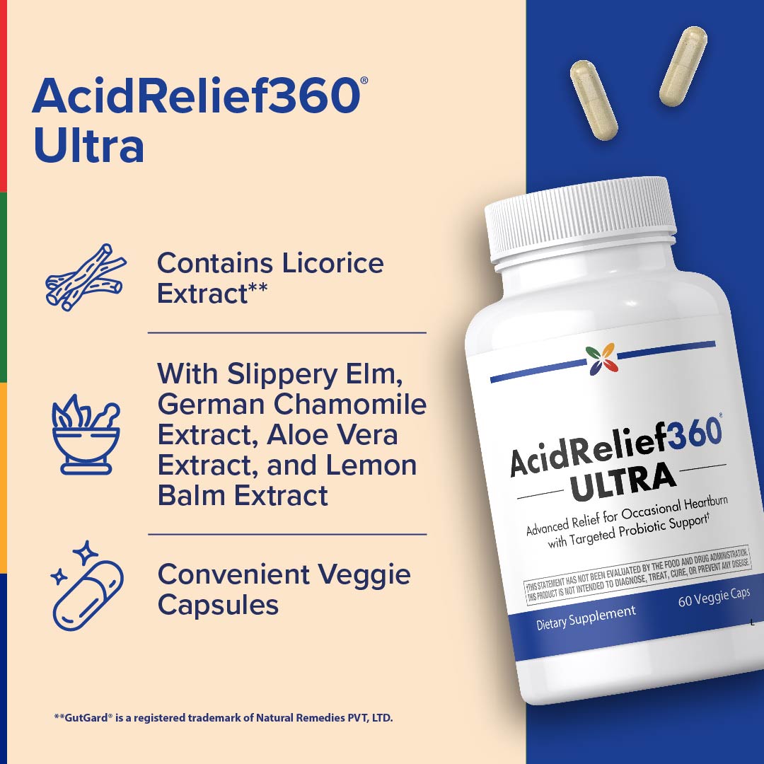 AcidRelief360® ULTRA + Probióticos, 60 Cápsulas Vegetarianas
