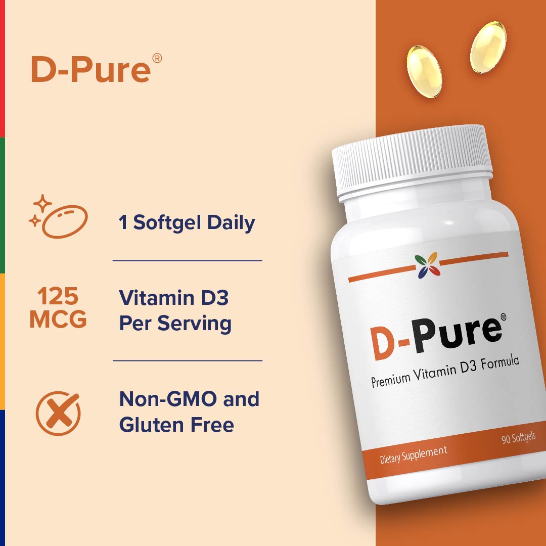 Bottle of D-Pure Premium Vitamin D3 Formula, 125 MCG, containing 90 softgels.