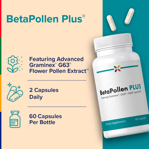 View 4 BetaPollen Plus supplement bottle with product details on a colorful background