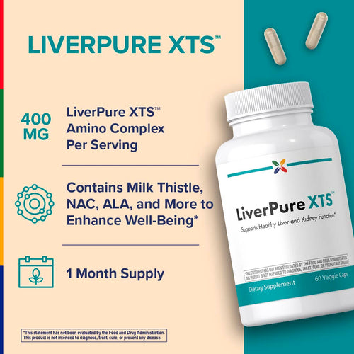 View 3 LiverPure XTS 60 Veggie Caps with 400 MG Amino Complex, Milk Thistle, NAC, ALA. Supports liver and kidney function.