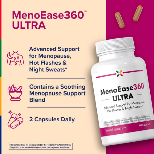View 3 MenoEase360 Ultra supplement bottle with product details on a colorful background