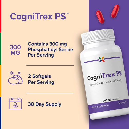 View 3 CogniTrex PS Premium Grade Phosphatidyl Serine, 60 softgels, 300 mg per serving. Two red softgels are visible.