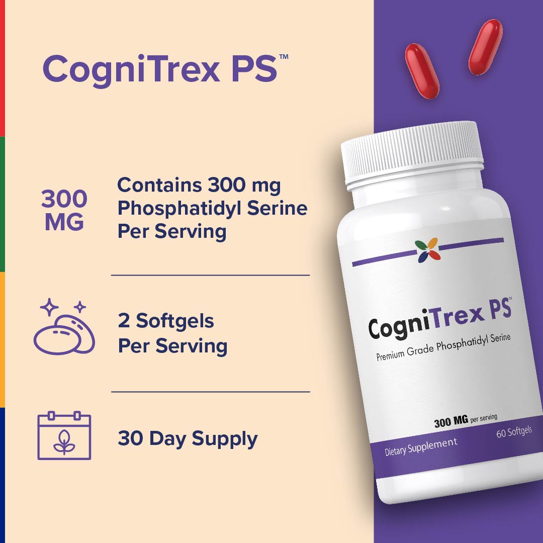CogniTrex PS Premium Grade Phosphatidyl Serine, 60 softgels, 300 mg per serving. Two red softgels are visible.