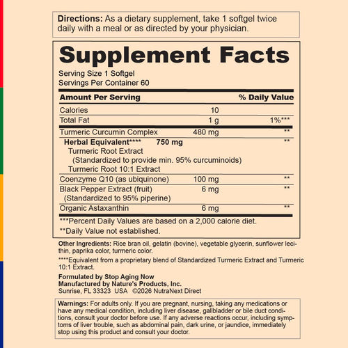 View 2 Supplement Facts panel for NextLevel Curcumin Complex + CoQ10, 60 softgels.