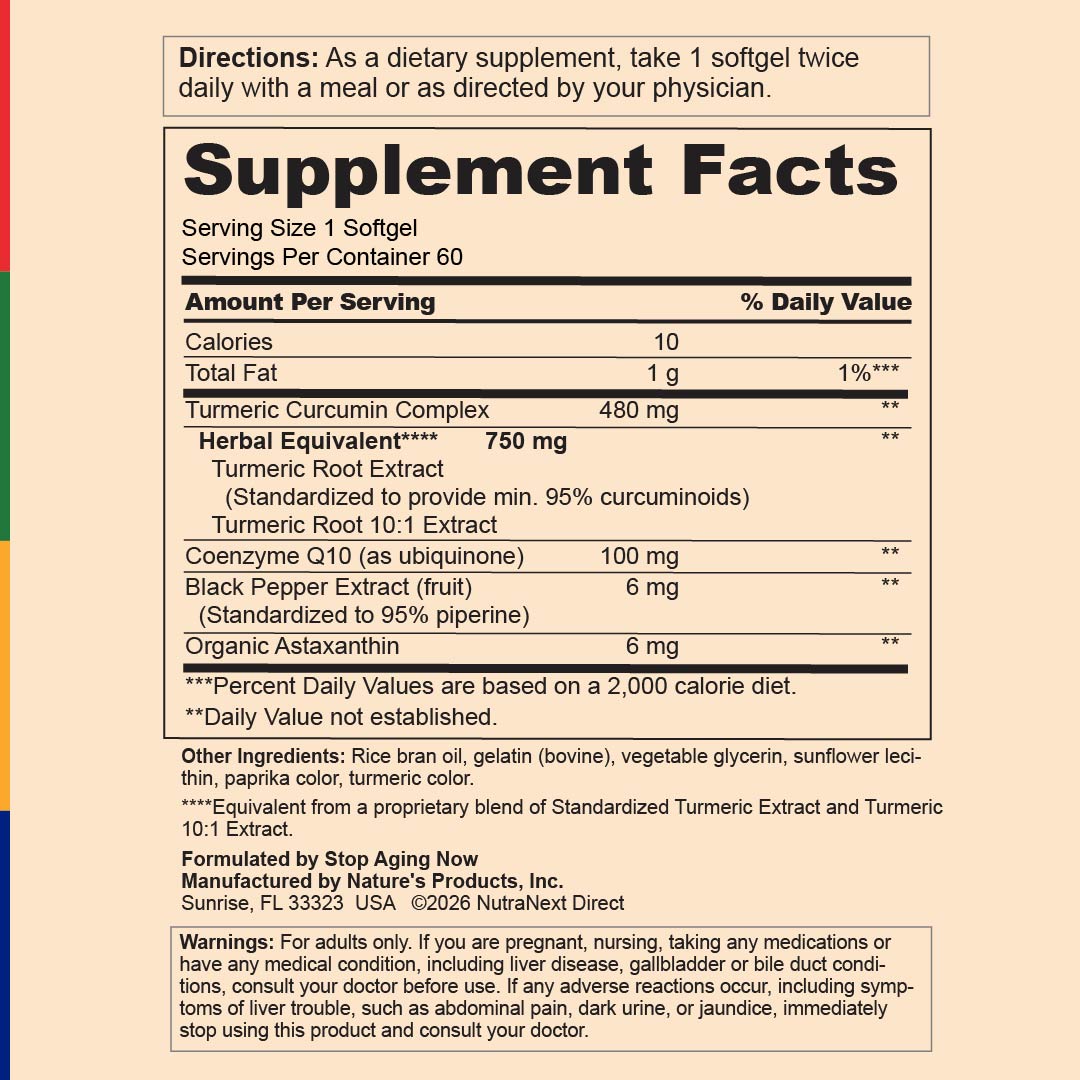Supplement Facts panel for NextLevel Curcumin Complex + CoQ10, 60 softgels.
