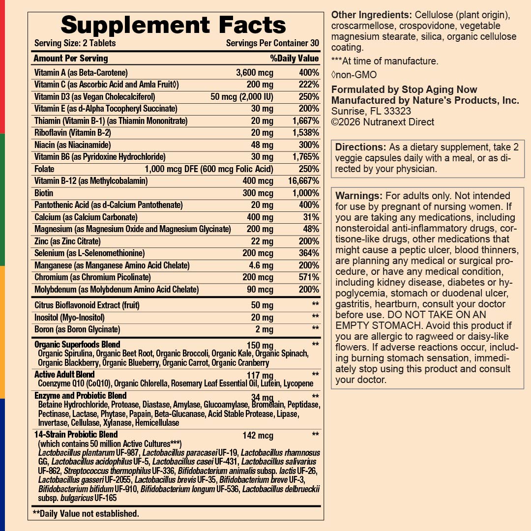 Detailed Supplement Facts for Multi 360 Complete 60 Tablets.
