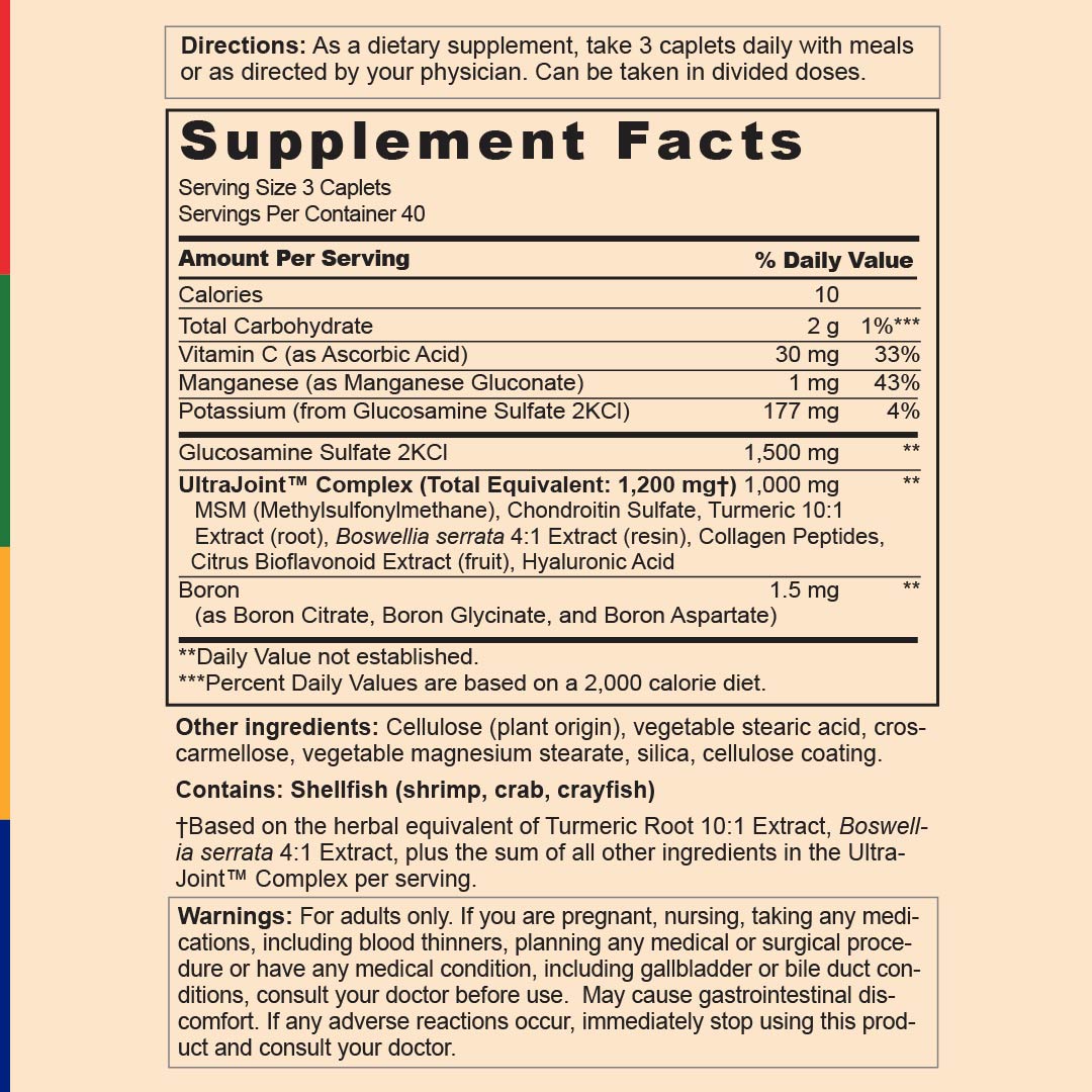 Supplement Facts panel for SA Osteo XTS Glucosamine Formula, 120 Tablets.