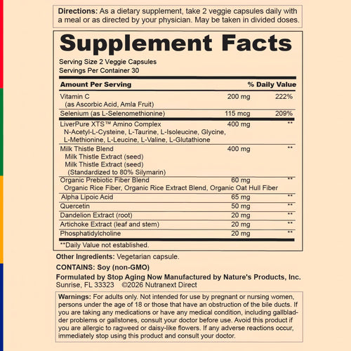 View 2 Supplement Facts label for SA Liverpure XTS, 60 Veg Capsules.