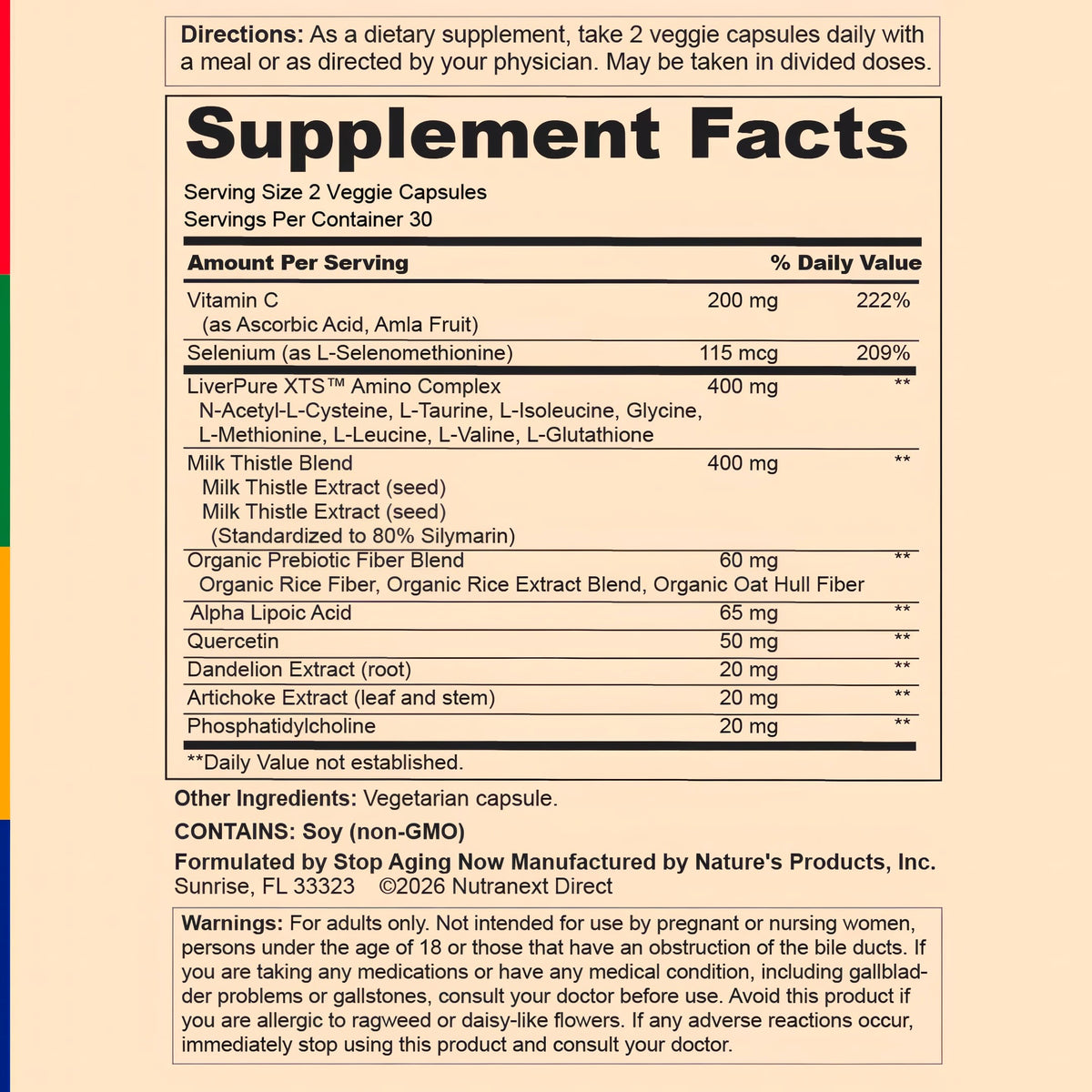 Supplement Facts label for SA Liverpure XTS, 60 Veg Capsules.