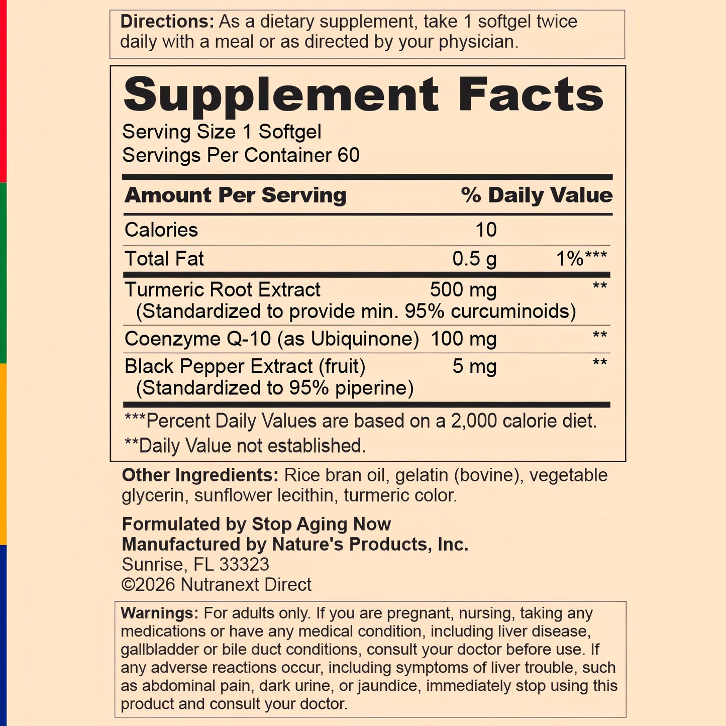 Supplement Facts panel detailing SA CUR-Q10 ULTRA Complex 60 softgels.