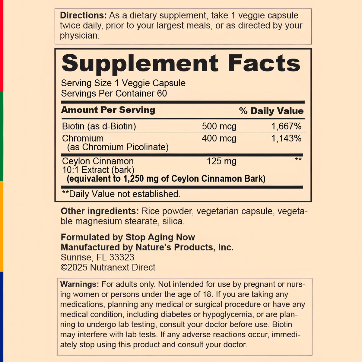 Back label / Supplement Facts showing directions, serving size, amounts per serving, other ingredients, warnings, and manufacturer information.
