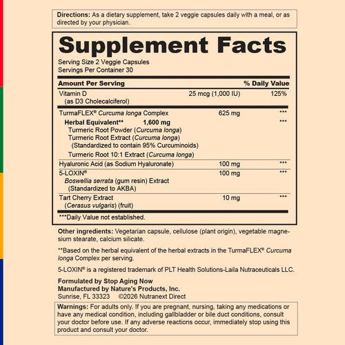View 2 Supplement Facts for SA TurmaFLEX Joint Support 60 Veg Capsules displayed.